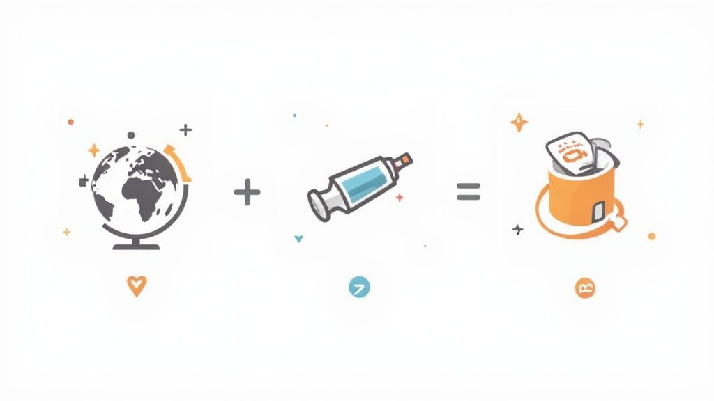 Une illustration d'une équation visuelle composée d'un globe terrestre, d'un marqueur et d'une poubelle.