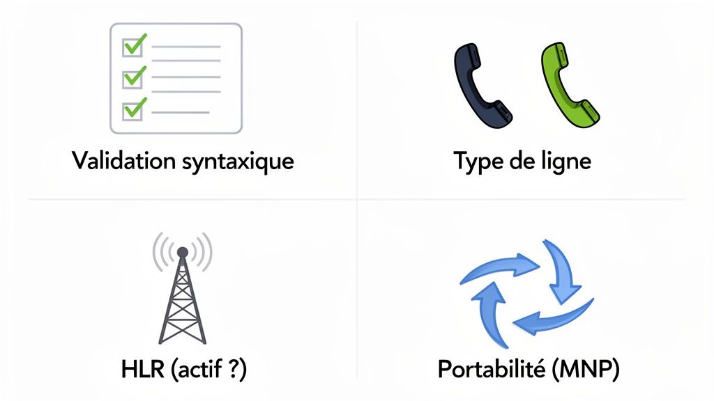 Quatre icônes illustrant les étapes de vérification d'un numéro de téléphone : validation syntaxique, type de ligne, statut HLR, et portabilité MNP.