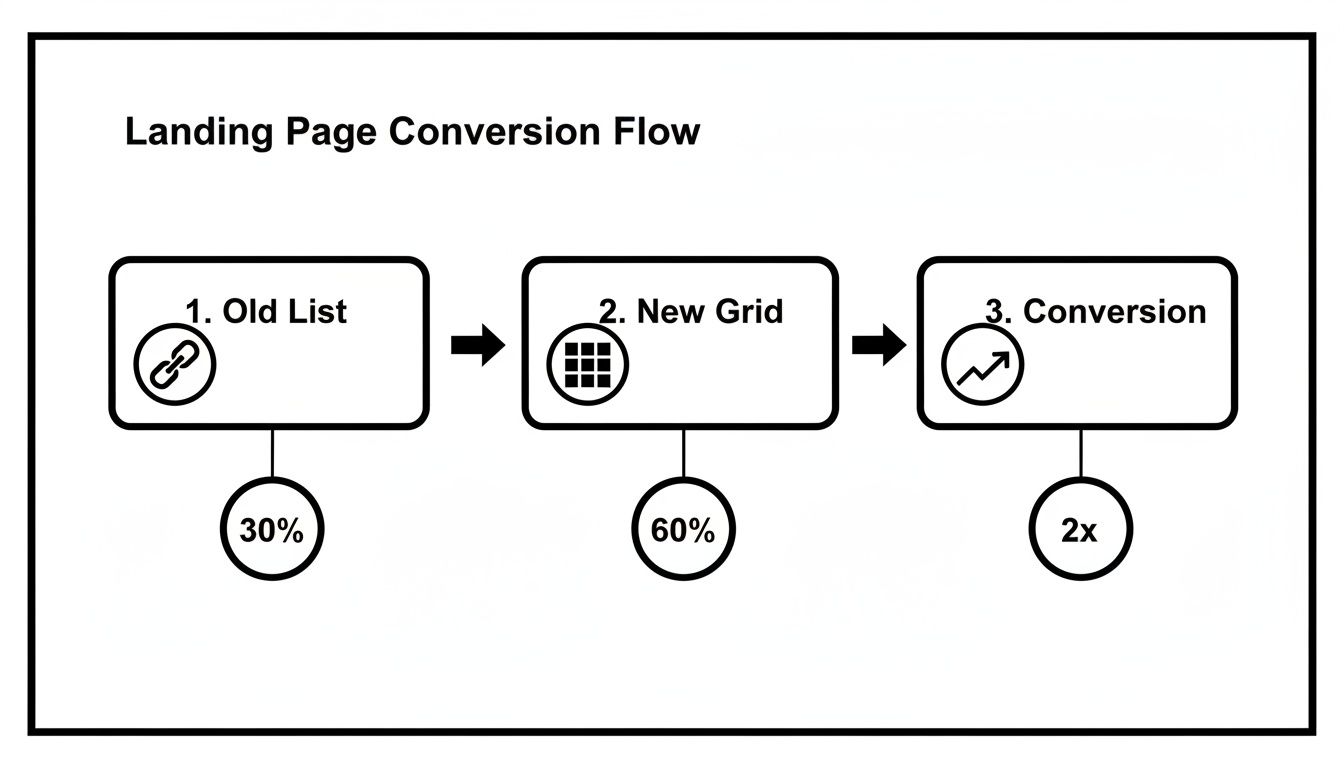 Diagram illustrating a landing page conversion flow: Old List (30%), New Grid (60%), leading to 2x Conversion.