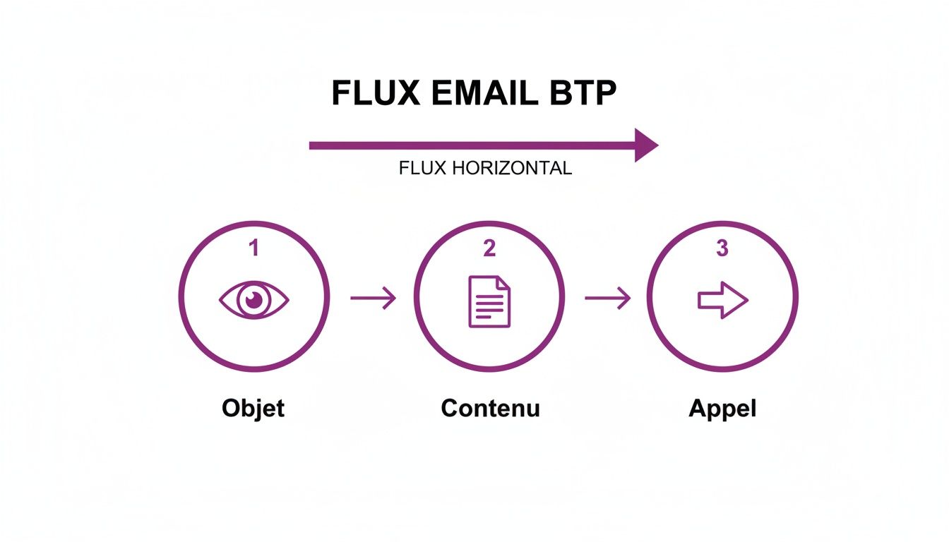 Diagramme illustrant le flux d'email BTP avec étapes : Objet, Contenu et Appel à l'action.