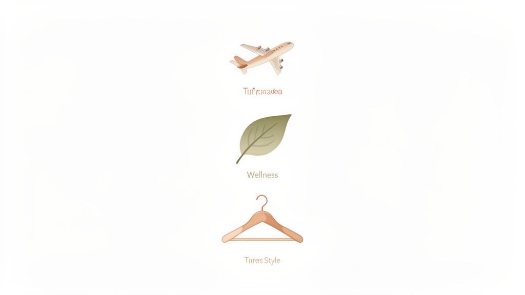 Three soft-colored icons: an airplane for travel, a leaf for wellness, and a hanger for style, each with a text label.