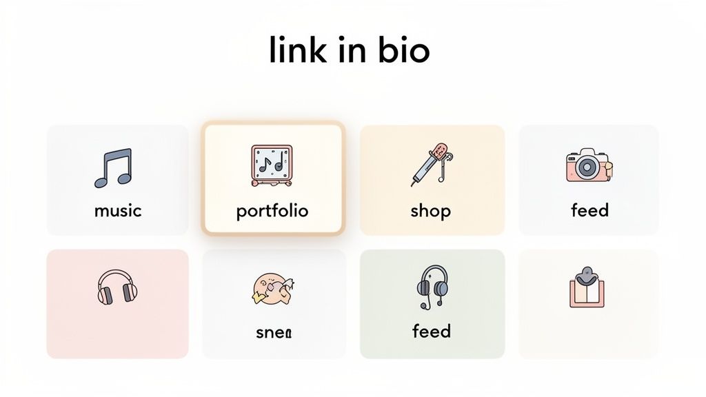 A 'link in bio' page displaying various content links like music, portfolio, shop, and feeds.