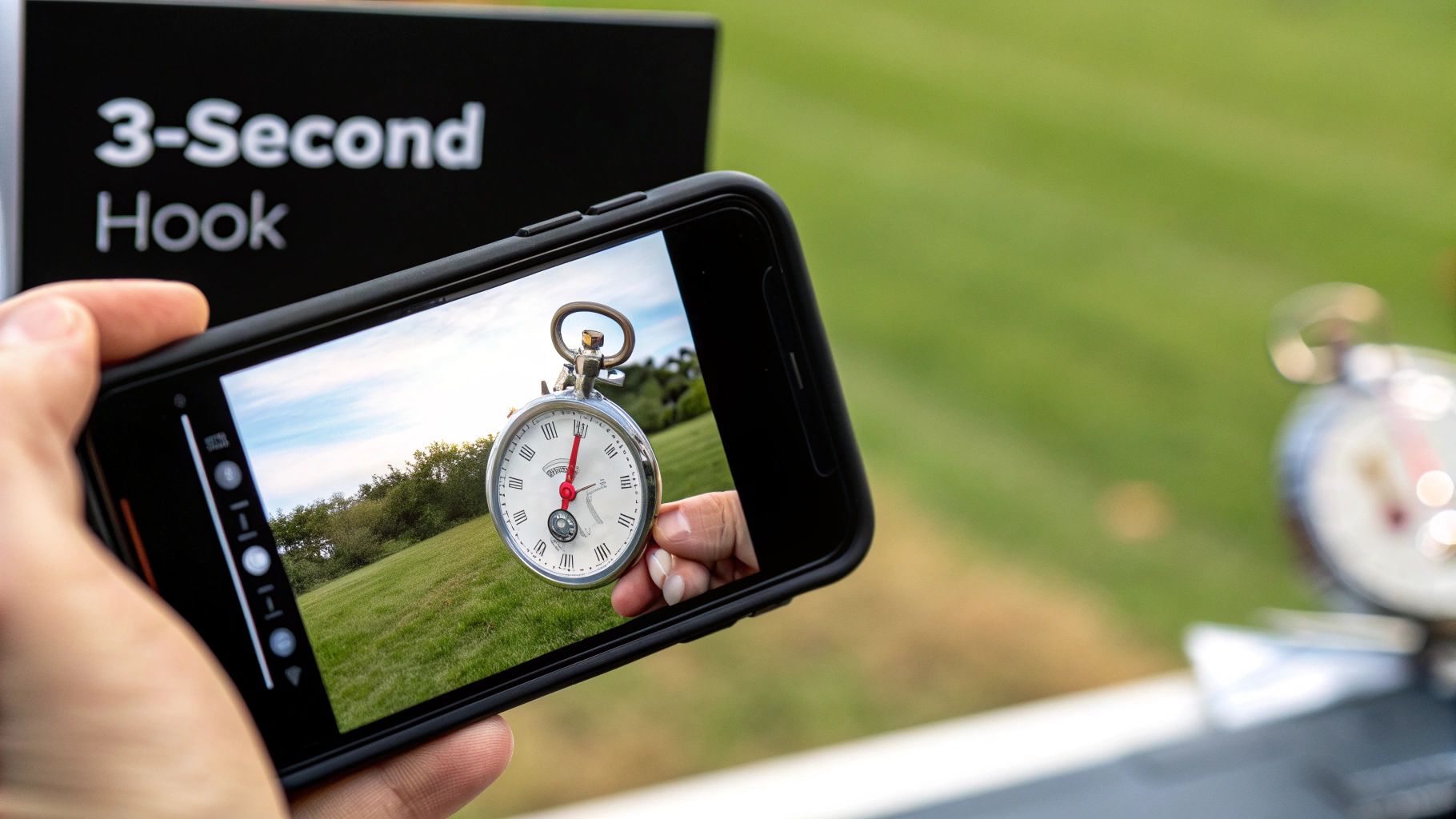 A hand holds a smartphone displaying a stopwatch, with a '3-Second Hook' sign in the background.