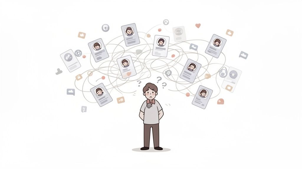 A confused man surrounded by tangled lines connecting numerous social media profile cards and icons.