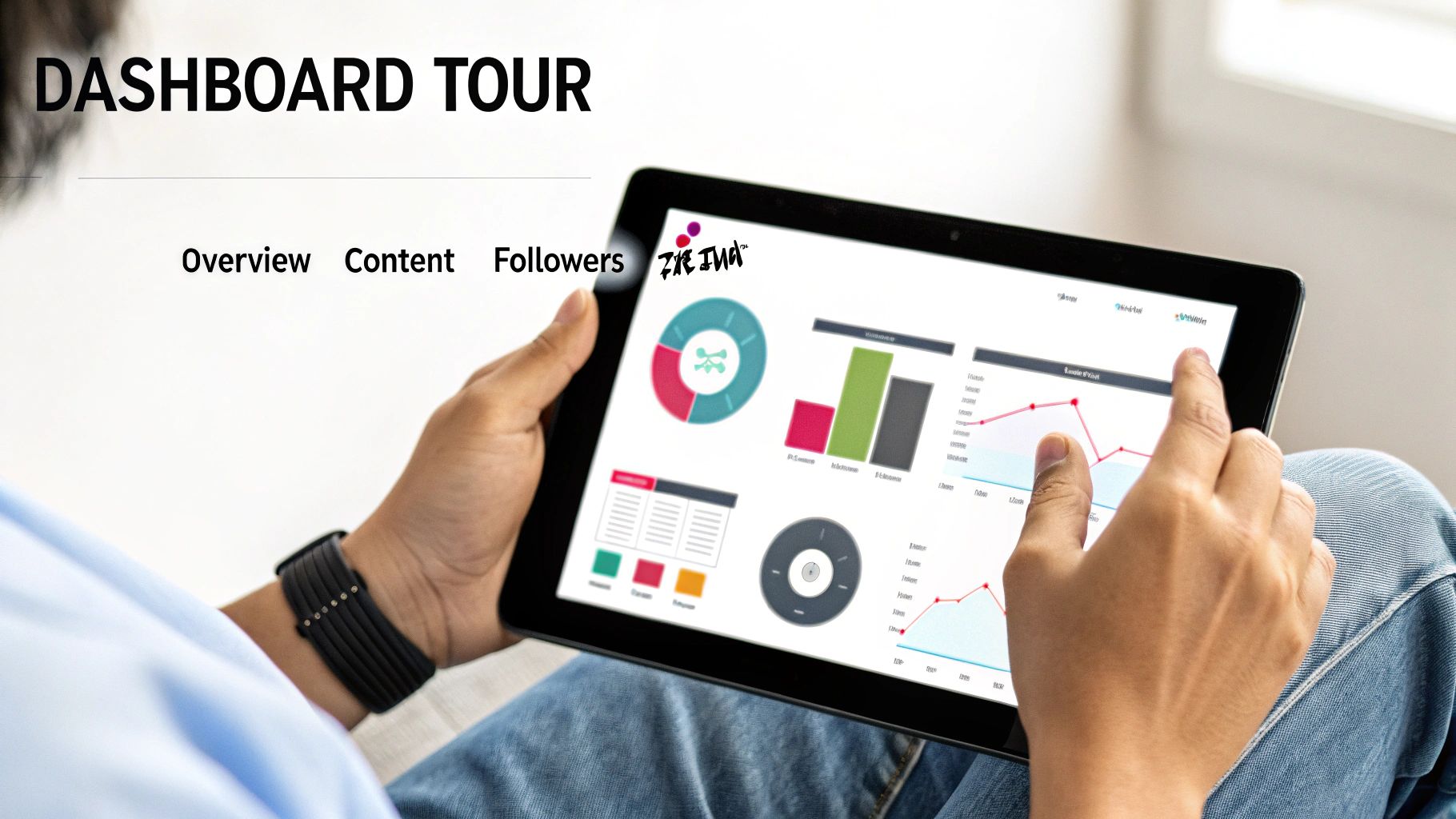 Person views digital marketing dashboard on a tablet, analyzing content, overview, and followers data with charts.