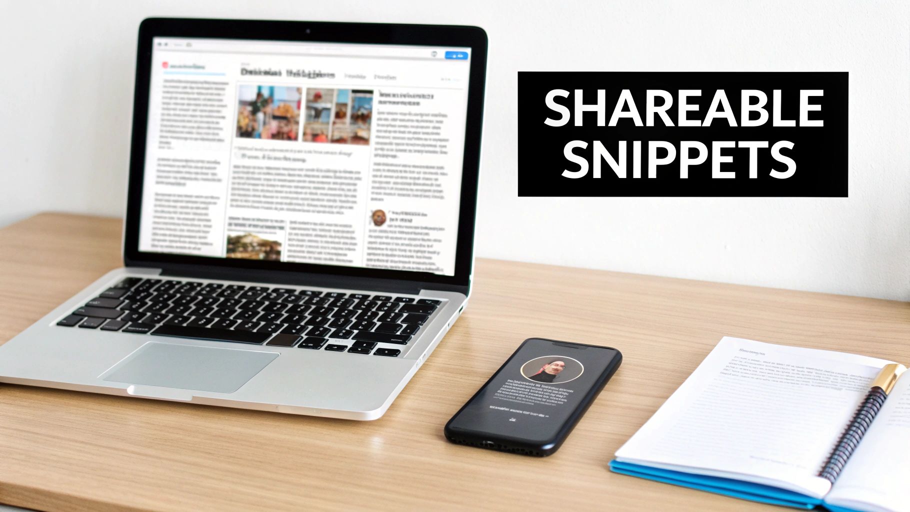 A modern workspace with a laptop, smartphone, open notebook, and a 'SHAREABLE SNIPPETS' sign.