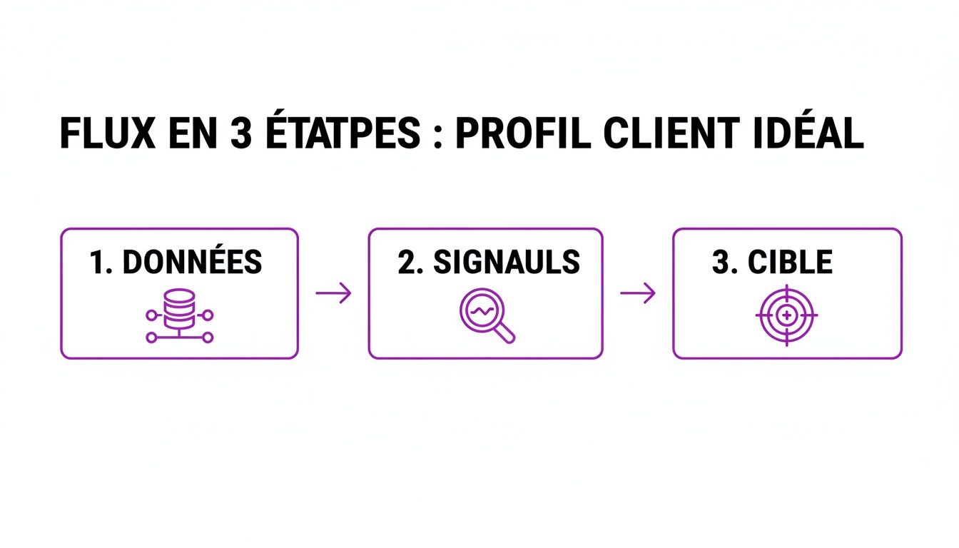 Infographie décrivant un flux en 3 étapes pour le profil client idéal : Données, Signaux et Cible.