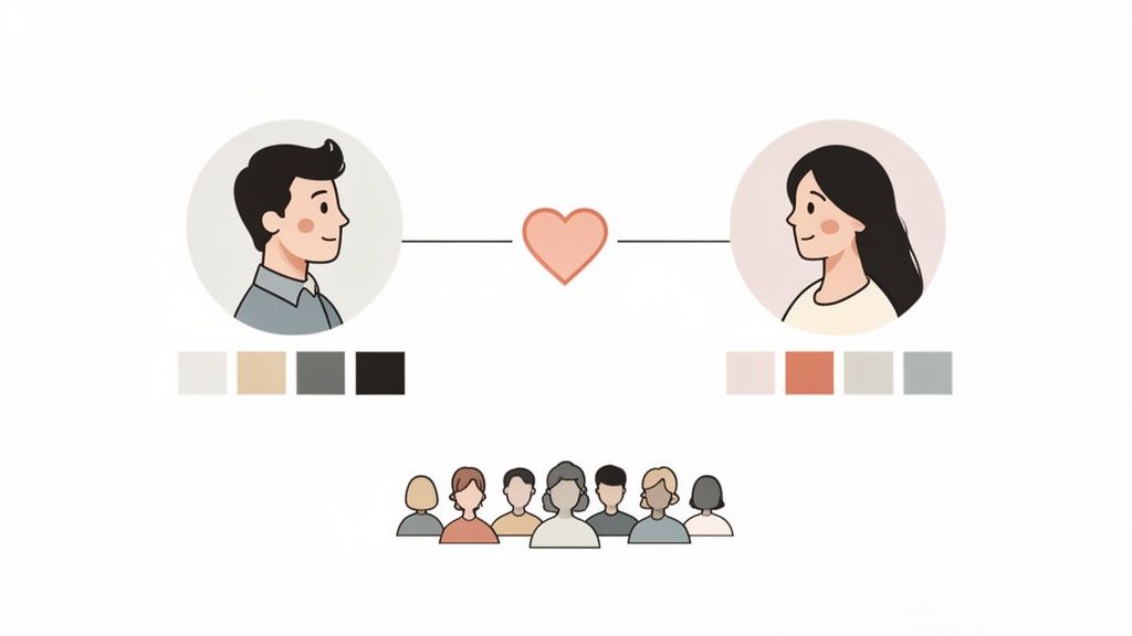 Minimalist illustration of a male and female avatar connected by a heart, with color palettes and a group below.
