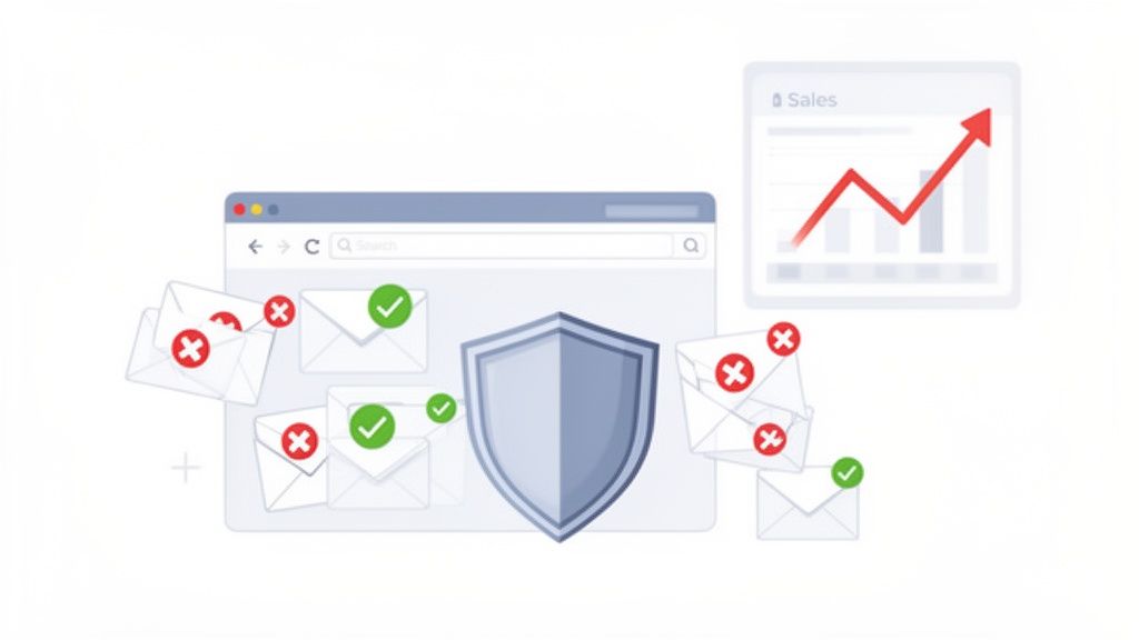Illustration d'un navigateur web affichant des e-mails vérifiés et non vérifiés, un bouclier de sécurité et un graphique de ventes en hausse.