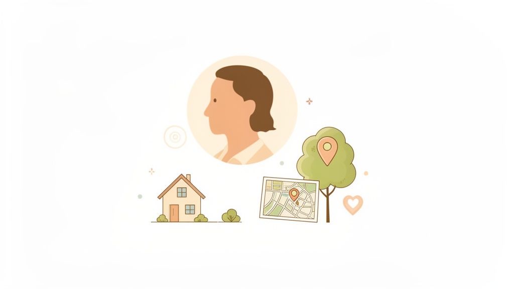 Illustration of a person's profile, a house, a tree with a location pin, a map, and a heart.