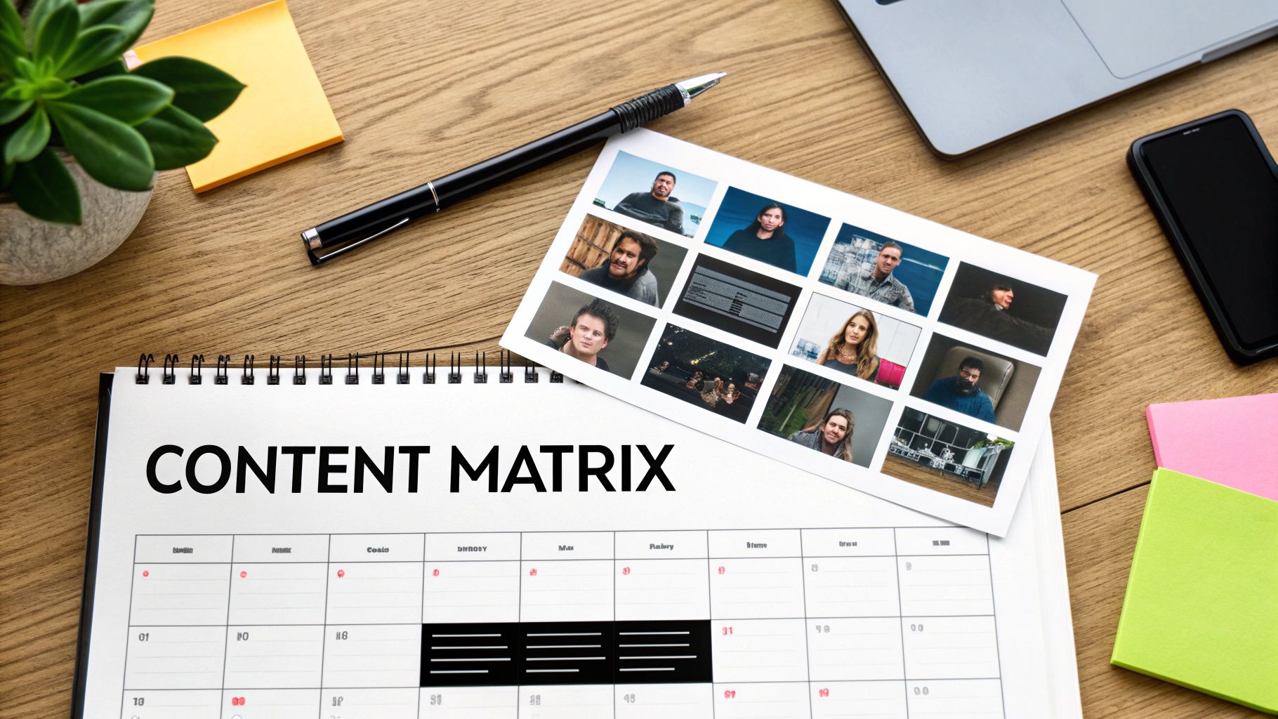 Desk flat lay with 'CONTENT MATRIX' planner, content ideas, laptop, and office supplies.