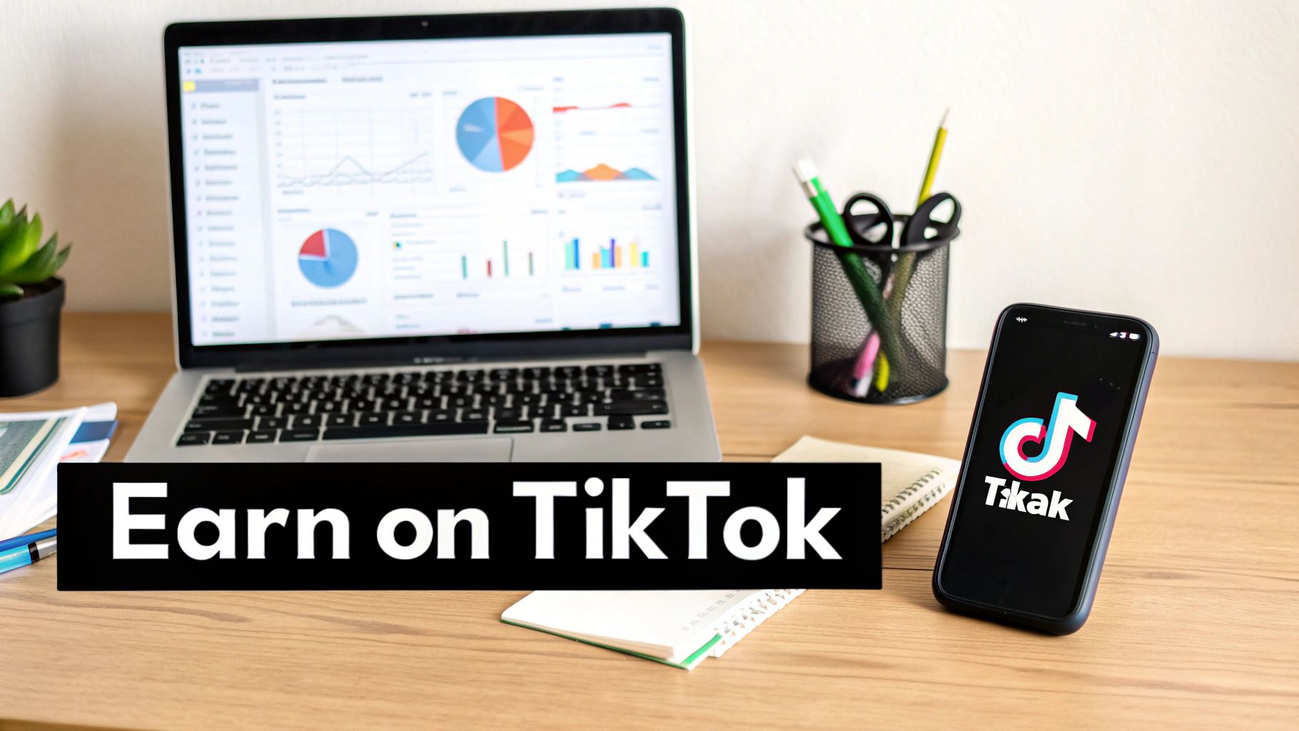 A desk setup showing a laptop with analytics, a smartphone displaying the TikTok logo, and office supplies.