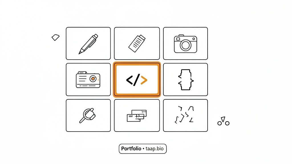 A minimalist grid of nine outlined icons, with a coding symbol highlighted in orange. Below is text 'Portfolio • taap.bio'.