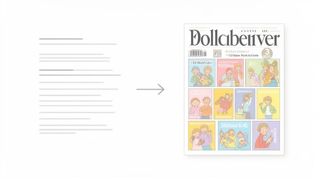 Text lines transform into a vibrant magazine cover featuring various cartoon characters.