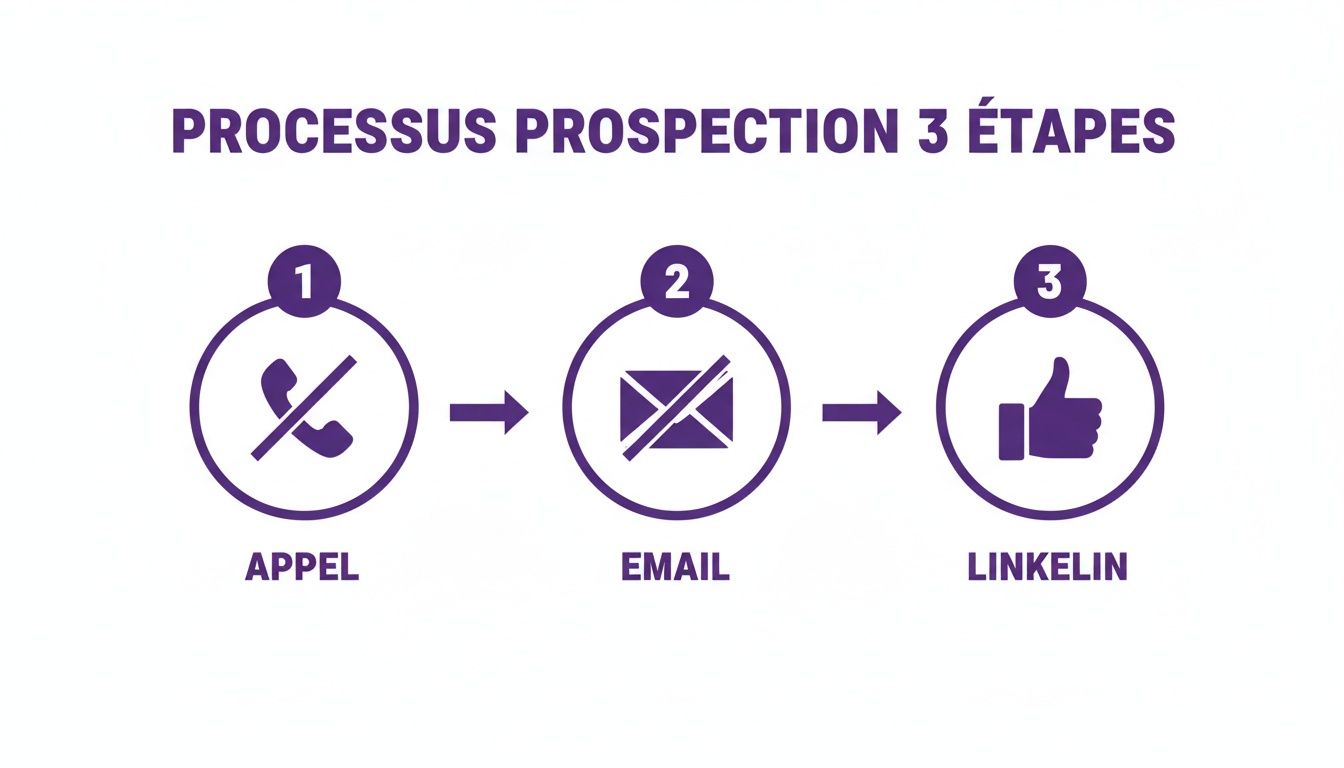 Infographie sur le processus de prospection en 3 étapes, montrant l'échec de l'appel et de l'e-mail, et le succès de LinkedIn.