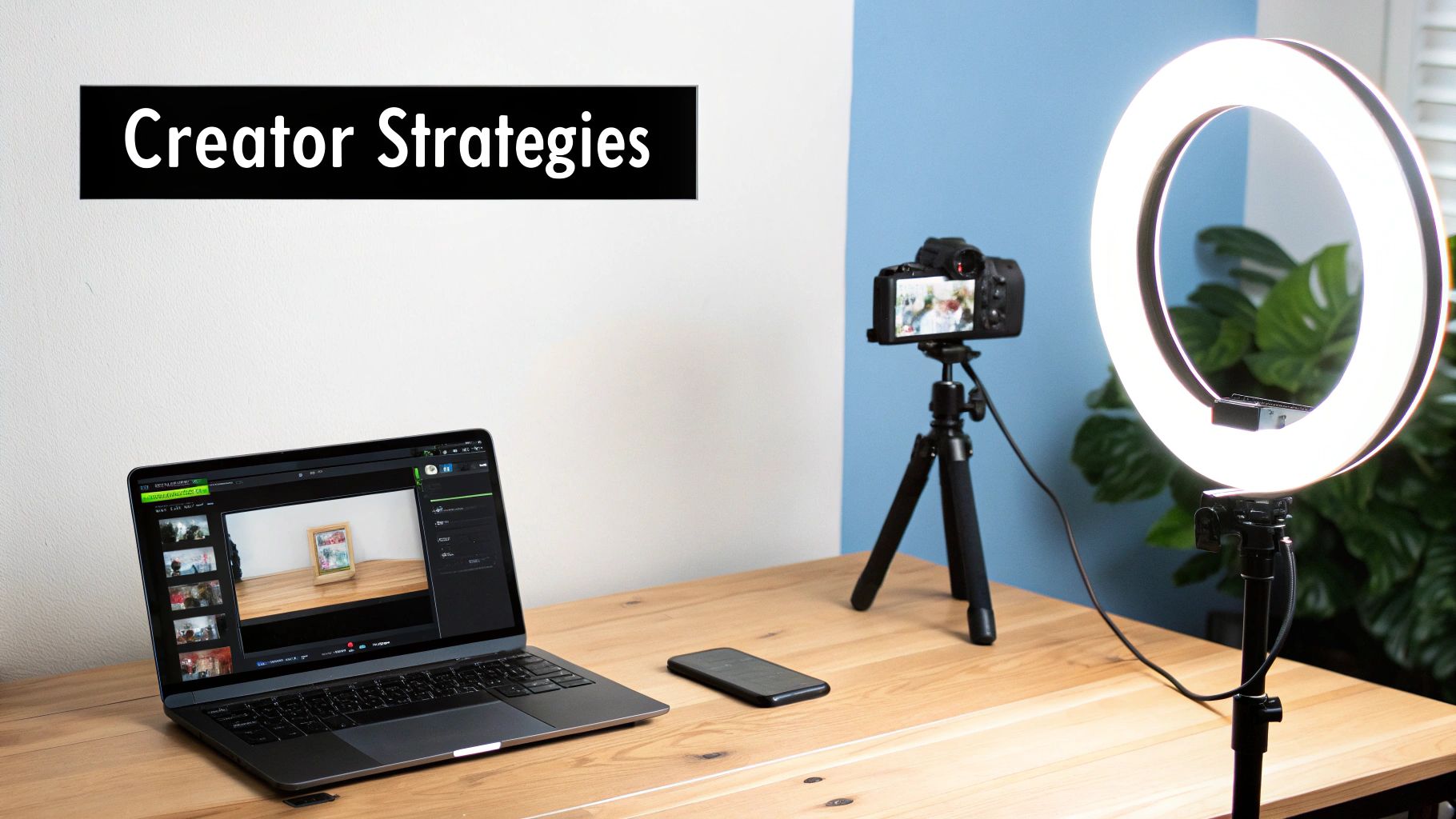 A content creator's desk setup with a laptop, camera, ring light, and smartphone, ready for video production.
