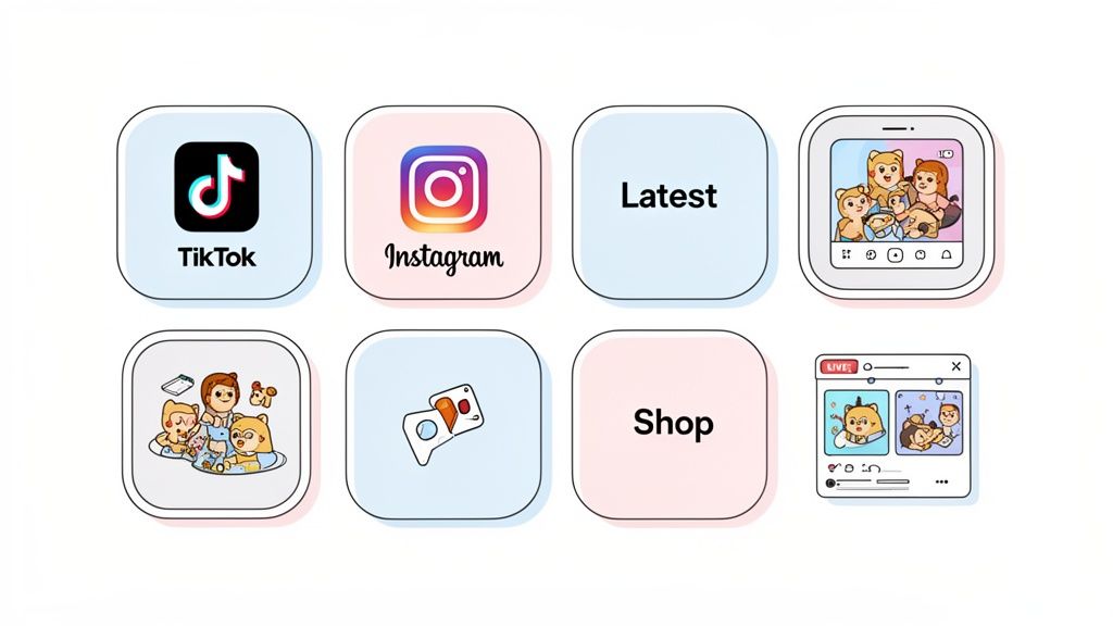 Various social media and online activity icons including TikTok, Instagram, Latest, Shop, and cartoon characters.