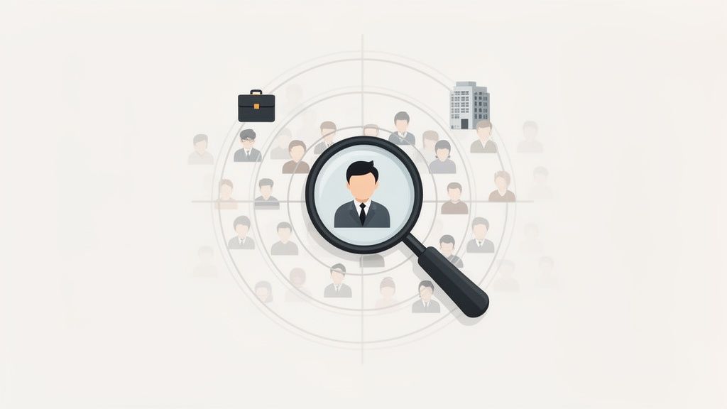 Une loupe met en évidence un profil professionnel parmi une foule d'avatars, symbolisant la recherche de talents et le ciblage.