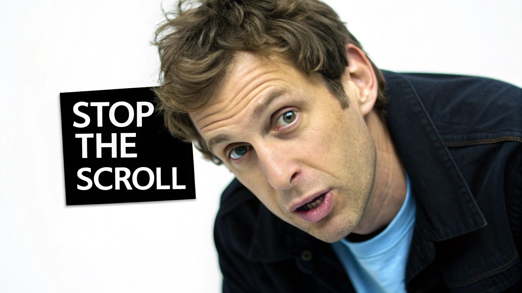 A man with wavy hair and intense eyes looks directly at the viewer, holding a "STOP THE SCROLL" sign.