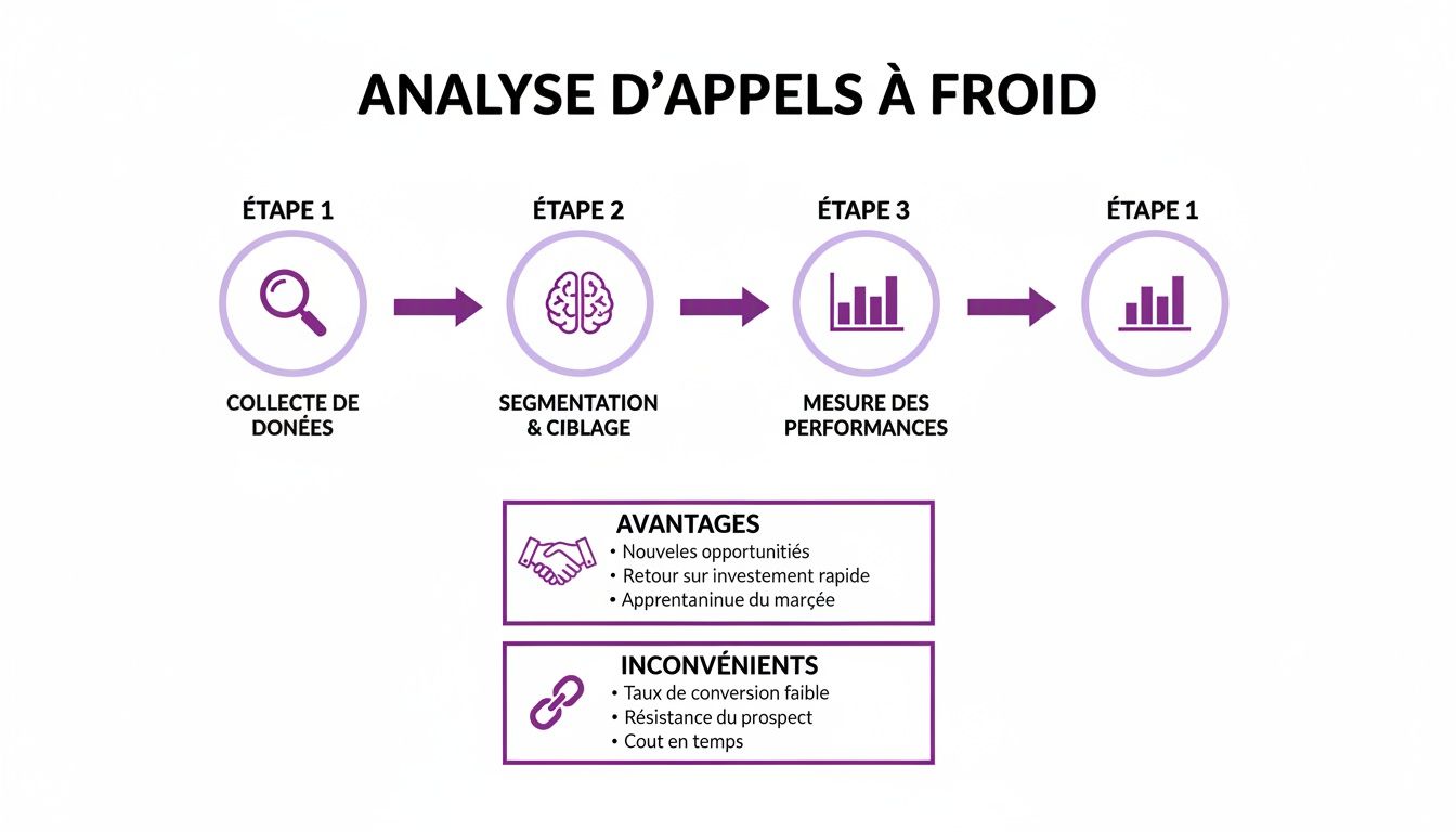 Infographie décrivant l'analyse d'appels à froid, incluant les étapes du processus et un résumé des avantages et inconvénients.