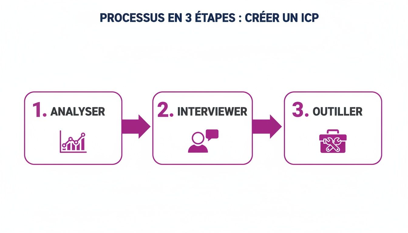 Infographie montrant les 3 étapes clés pour créer un profil client idéal: analyser, interviewer, outiller.