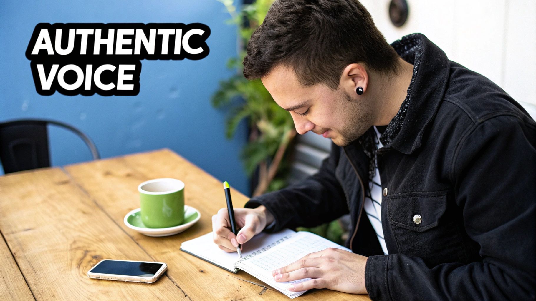 A man writes in a notebook at a wooden table with a coffee cup, phone, and "AUTHENTIC VOICE" text.