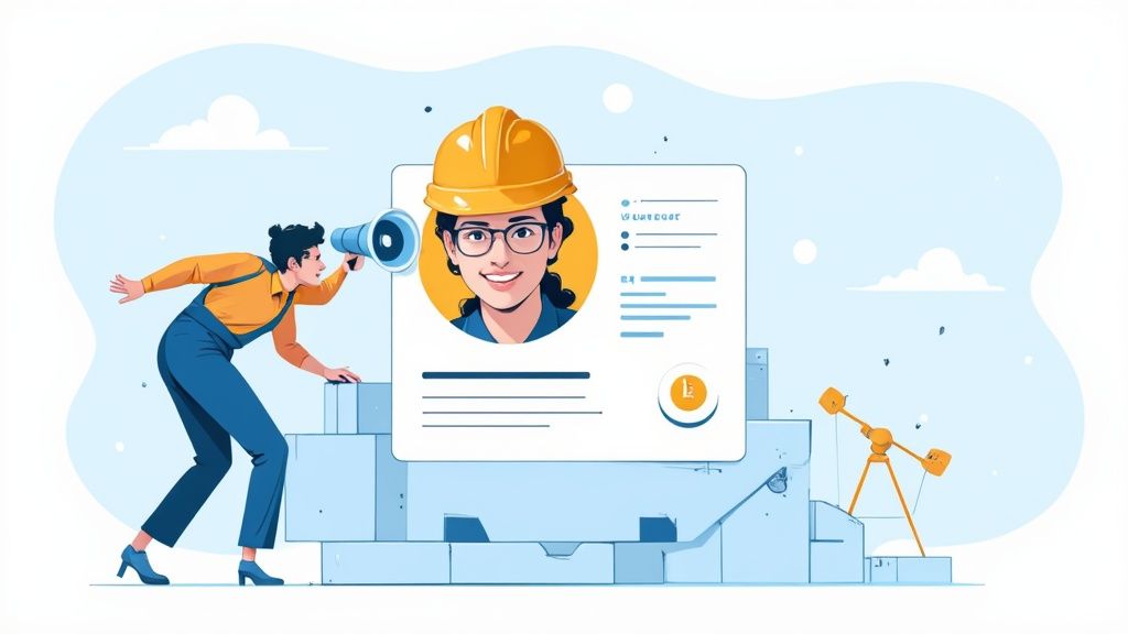 Femme avec mégaphone présentant un profil professionnel LinkedIn avec casque de chantier pour prospection efficace