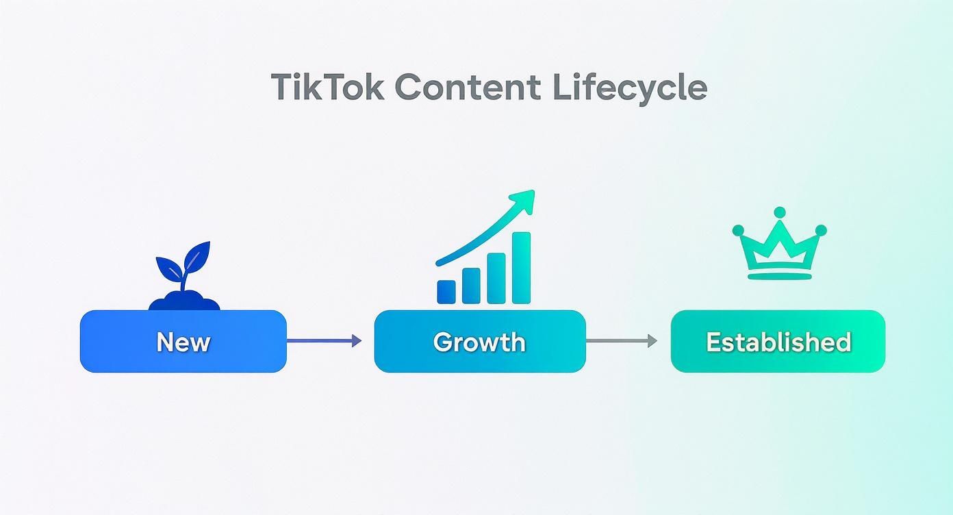 Diagram illustrating the TikTok Content Lifecycle: New (sprout), Growth (chart), and Established (crown).