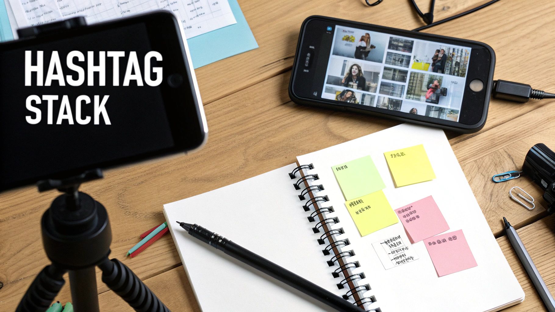 A flat lay desk with smartphones, a notebook, sticky notes, and a pen, indicating social media content planning.