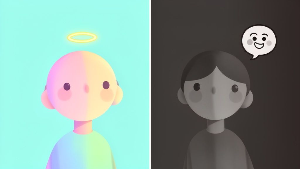 Two cartoon characters showing duality: one angelic with a halo, the other dark with a happy thought bubble.
