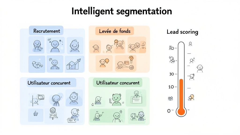 Infographie illustrant la segmentation intelligente de clients potentiels pour le recrutement, la levée de fonds et le lead scoring.