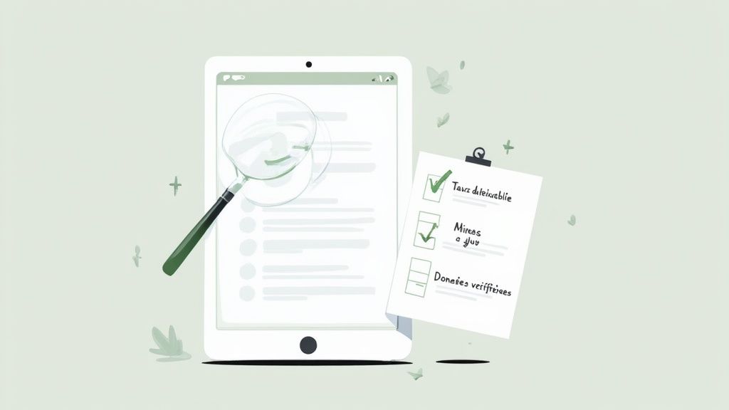 Tablette avec loupe et presse-papiers affichant une checklist de vérification de données email.