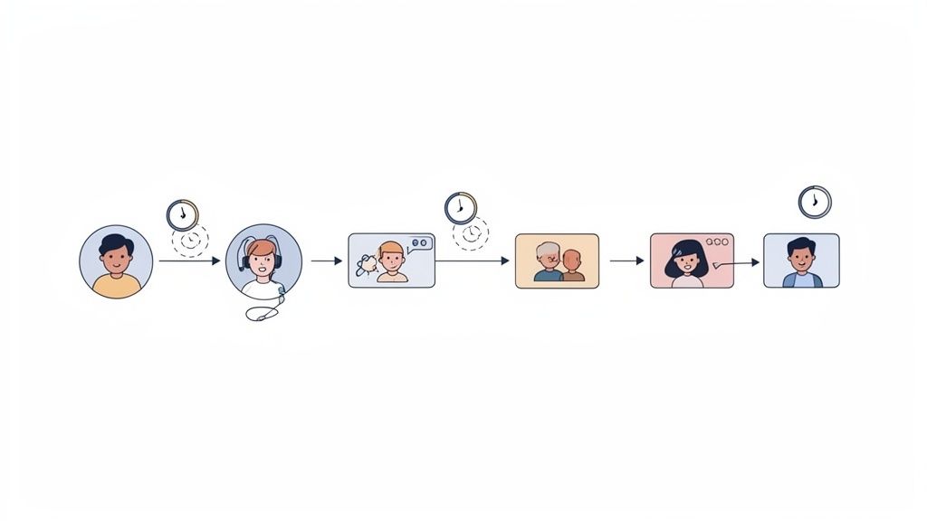 Schéma de communication montrant des interactions entre plusieurs personnes à travers différentes étapes, avec des horloges.