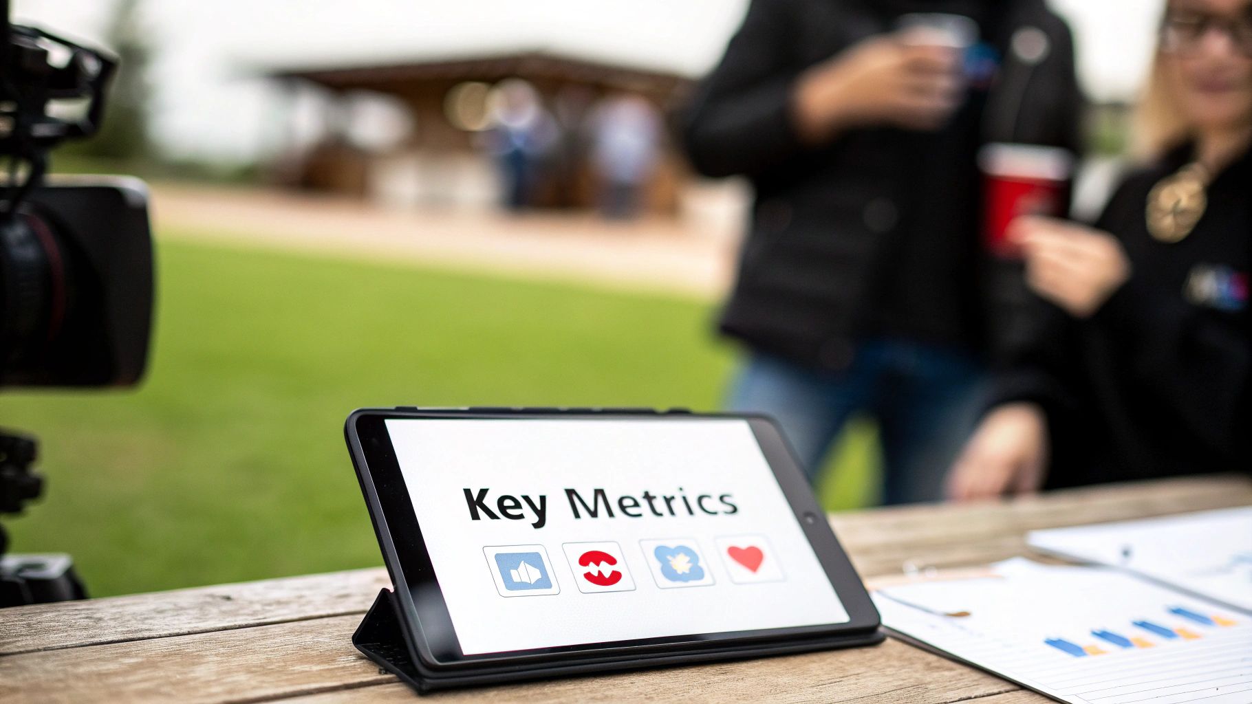 A tablet displays 'Key Metrics' with social engagement icons, beside a camera and data charts.