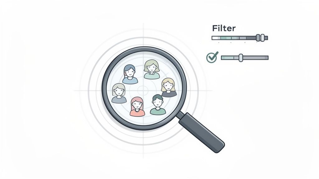 Une loupe examine un groupe de personnes tandis que des filtres sont appliqués pour le ciblage et la sélection d'audience.