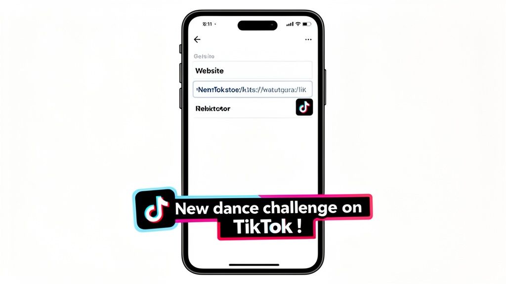 A smartphone screen shows a TikTok profile editing page, featuring a website link and a dance challenge banner.