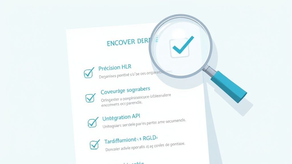Une loupe examine une liste de contrôle sur un document blanc, avec des cases cochées et du texte en français, symbolisant la vérification.