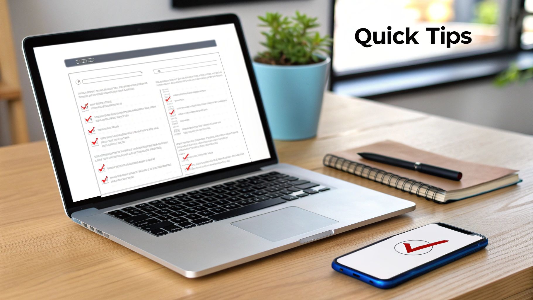 A desk setup with a laptop showing a checklist, a plant, a notebook, and a smartphone with a checkmark.