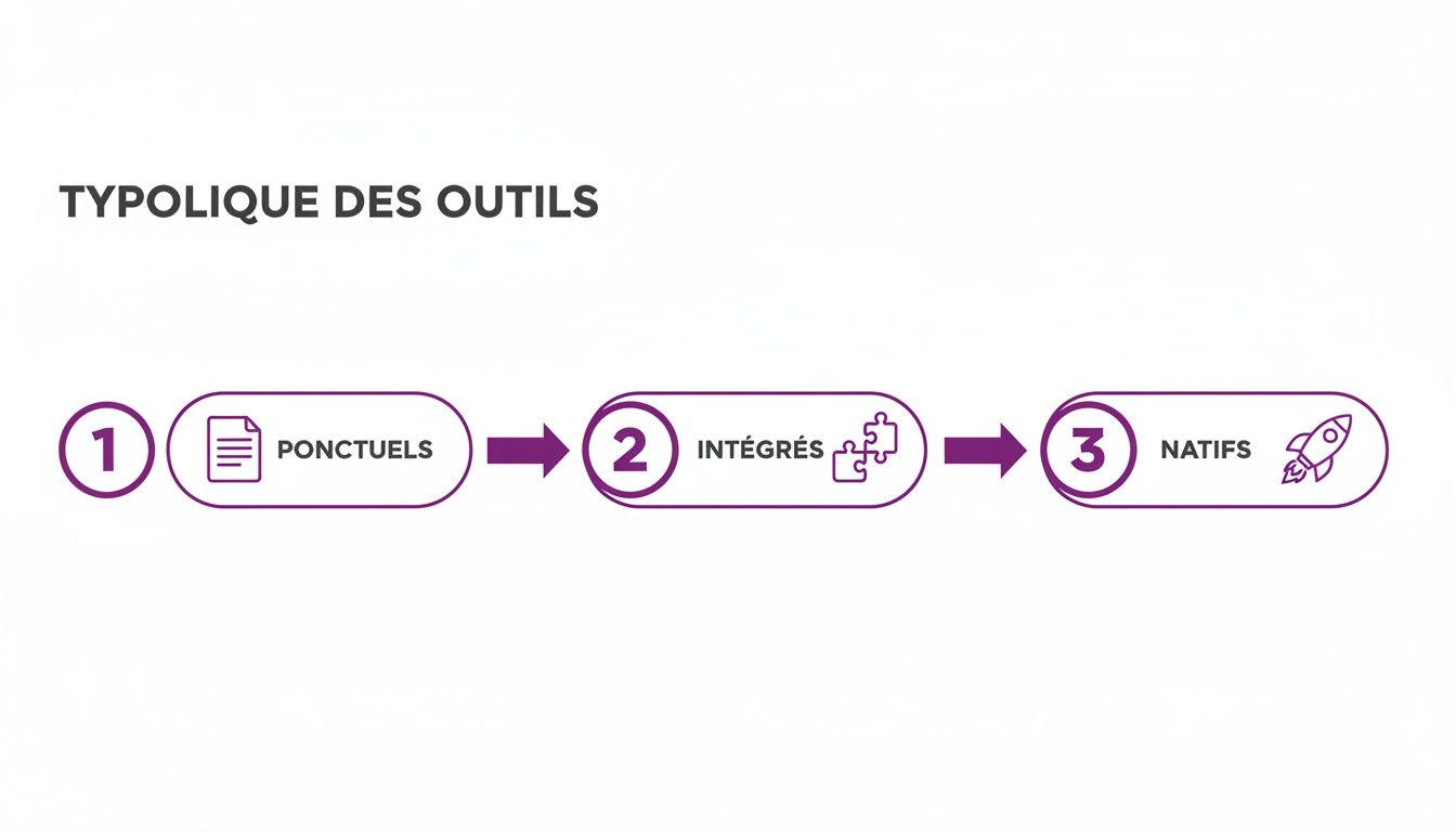 Diagramme présentant la typologie des outils : ponctuels (document), intégrés (puzzle) et natifs (fusée), classés en trois étapes.