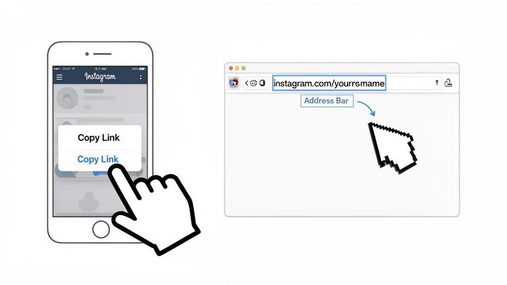 A hand taps 'Copy Link' on Instagram mobile app, while a cursor points to the Instagram profile URL in a browser.