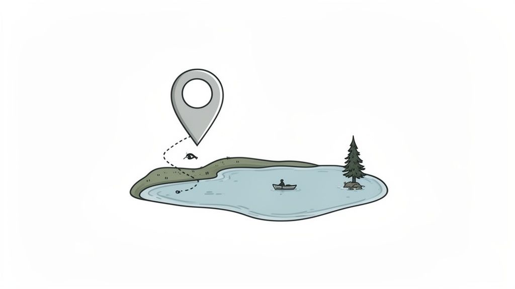 Cartoon illustration of a serene lake with a person fishing in a boat, marked by a location pin.