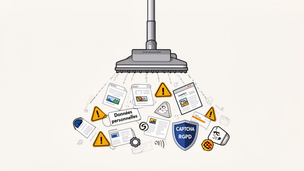 Une tête d'aspirateur aspire des données personnelles, documents web, cookies et symboles de confidentialité.