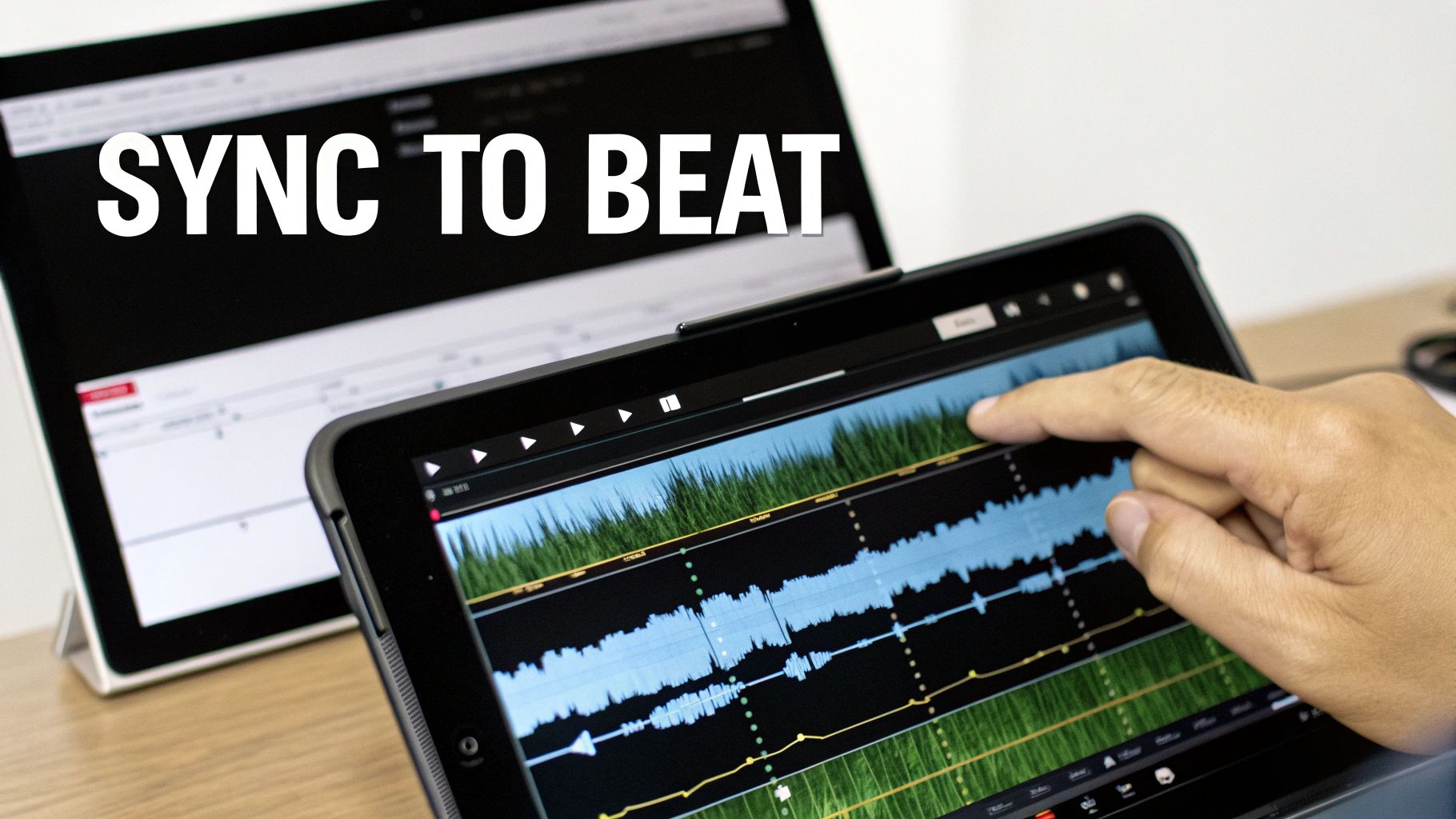 A person's hand touches a tablet screen showing audio waveforms and 'SYNC TO BEAT' text, with a laptop in the background.