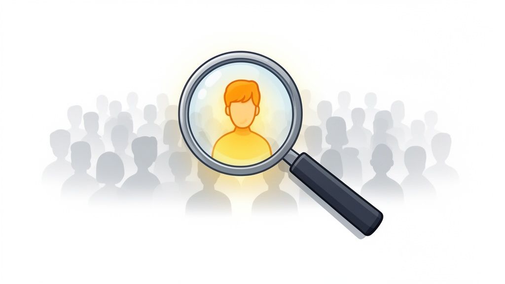 A magnifying glass focusing on an orange person amidst a blurred crowd.