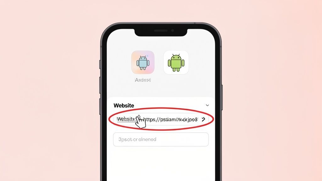 A smartphone screen displaying a 'Website' field with a URL, being pointed at by a cursor.
