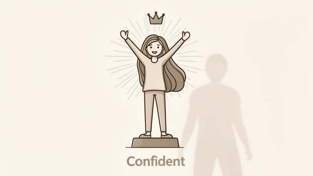 An illustration of a confident woman with long hair and a crown celebrating success on a pedestal.
