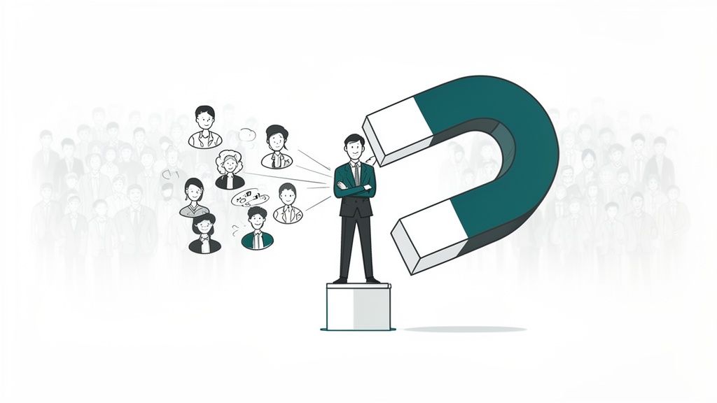 A businessman acts as a magnet, attracting diverse people with his personal brand.
