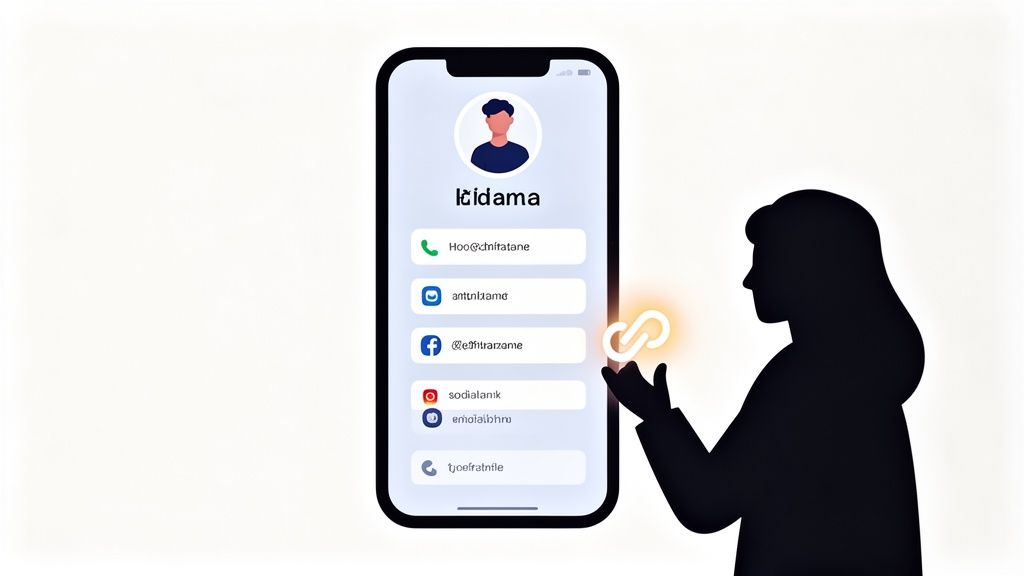 A person sharing a digital business card from a smartphone, with a glowing link icon.