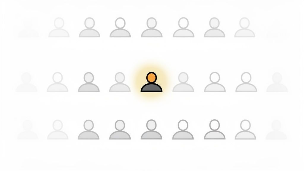 Une icône de personne en orange et gris, entourée d'un halo lumineux, se distingue d'une foule d'icônes de personnes grises et estompées.