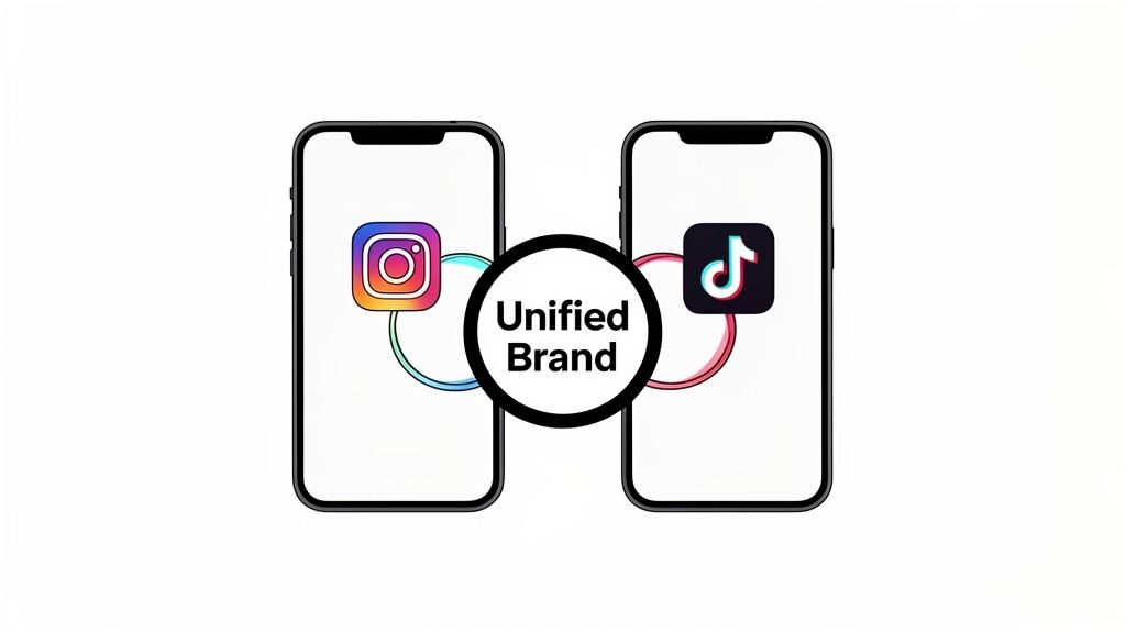 Two smartphones displaying Instagram and TikTok logos connected by a 'Unified Brand' circle.
